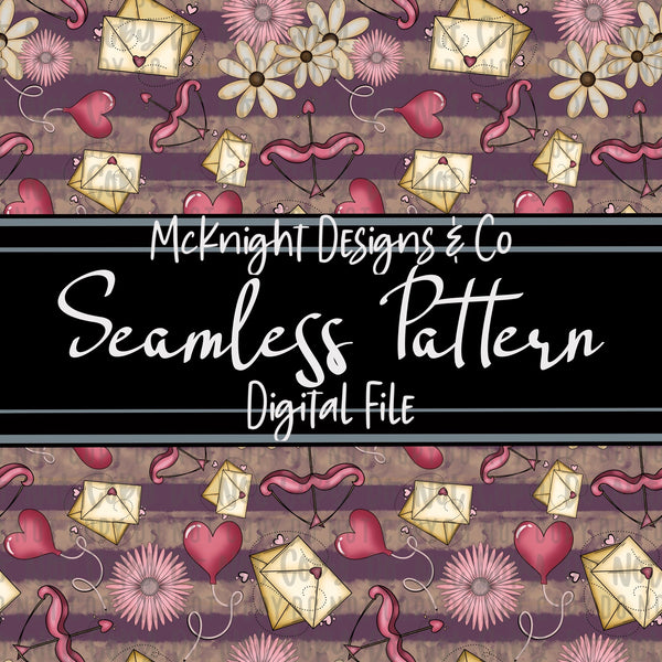 Seamless Pattern Digital Design - Cupid & Love Letters - Plum - McKnight Designs & Co