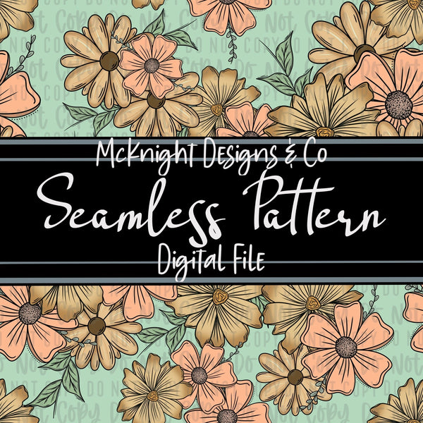 Seamless Pattern Digital Design - Floral - Peachy - Mint - McKnight Designs & Co