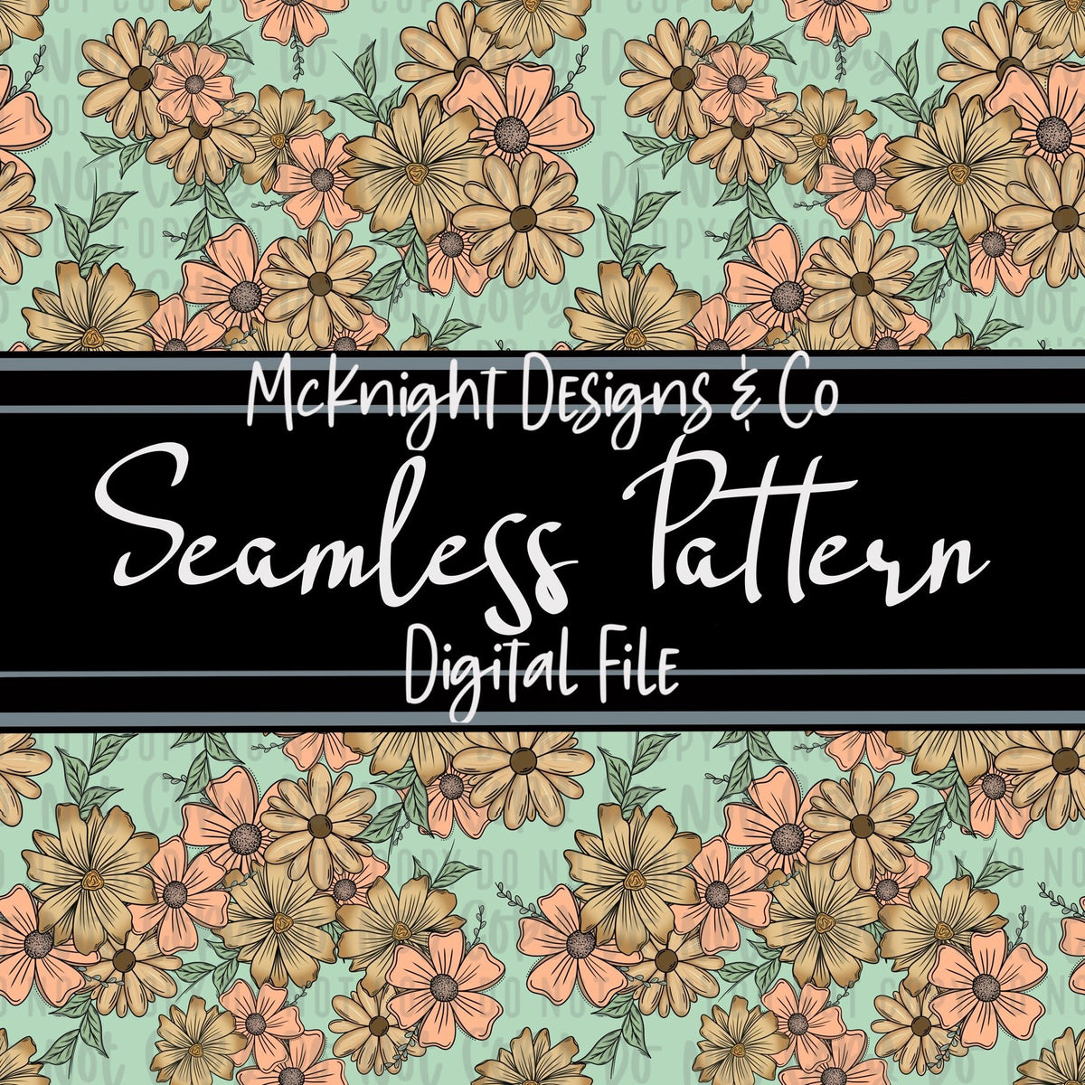 Seamless Pattern Digital Design - Floral - Peachy - Mint - McKnight Designs & Co