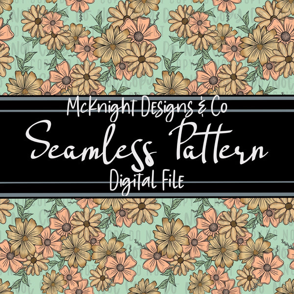 Seamless Pattern Digital Design - Floral - Peachy - Mint - McKnight Designs & Co