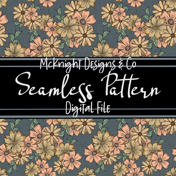 Seamless Pattern Digital Design - Floral - Peachy - Muted Blue - McKnight Designs & Co