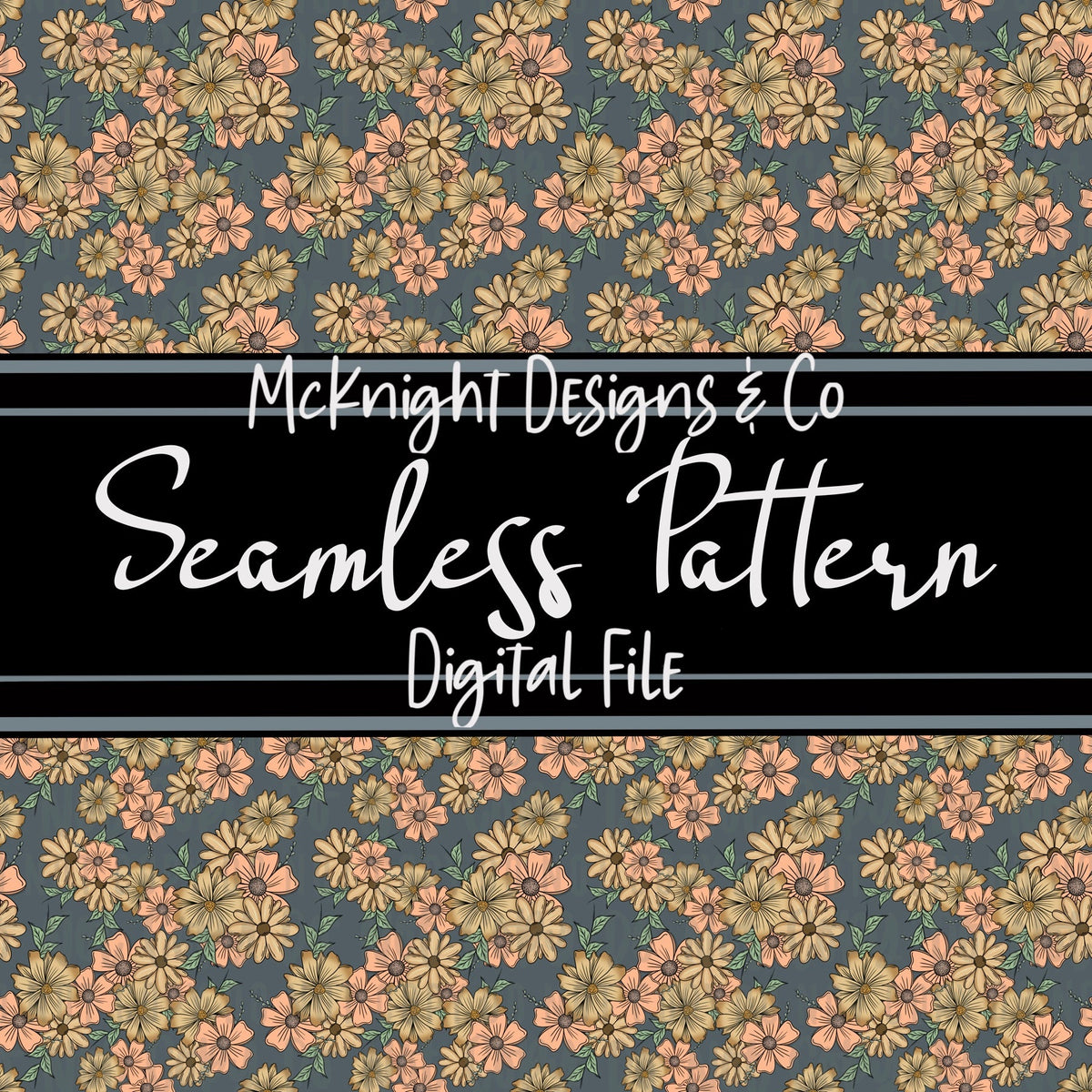 Seamless Pattern Digital Design - Floral - Peachy - Muted Blue - McKnight Designs & Co