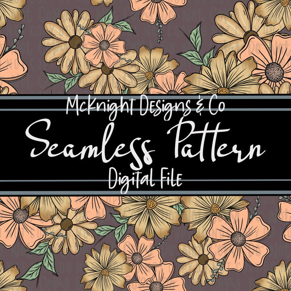 Seamless Pattern Digital Design - Floral - Peachy - Muted Plum - McKnight Designs & Co