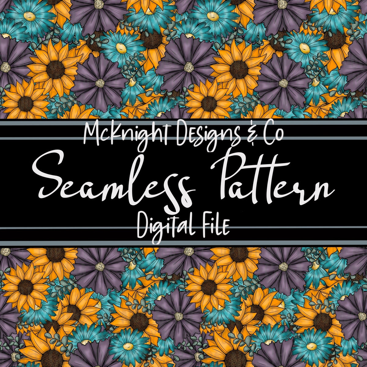 Seamless Pattern Digital Design - Floral - v1 Teal & Purple - McKnight Designs & Co