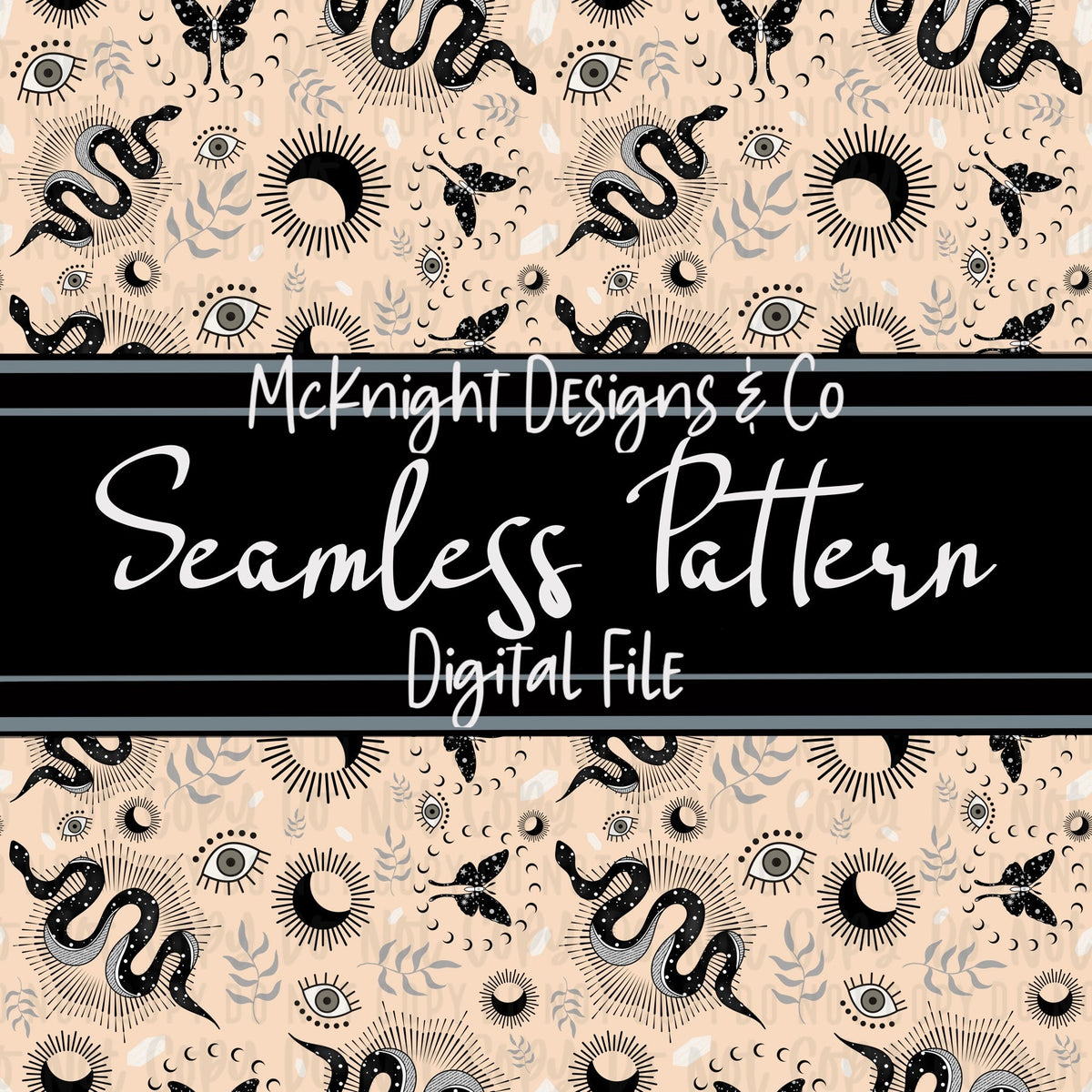 Seamless Pattern Digital Design - Moon, Snake & Moth - McKnight Designs & Co