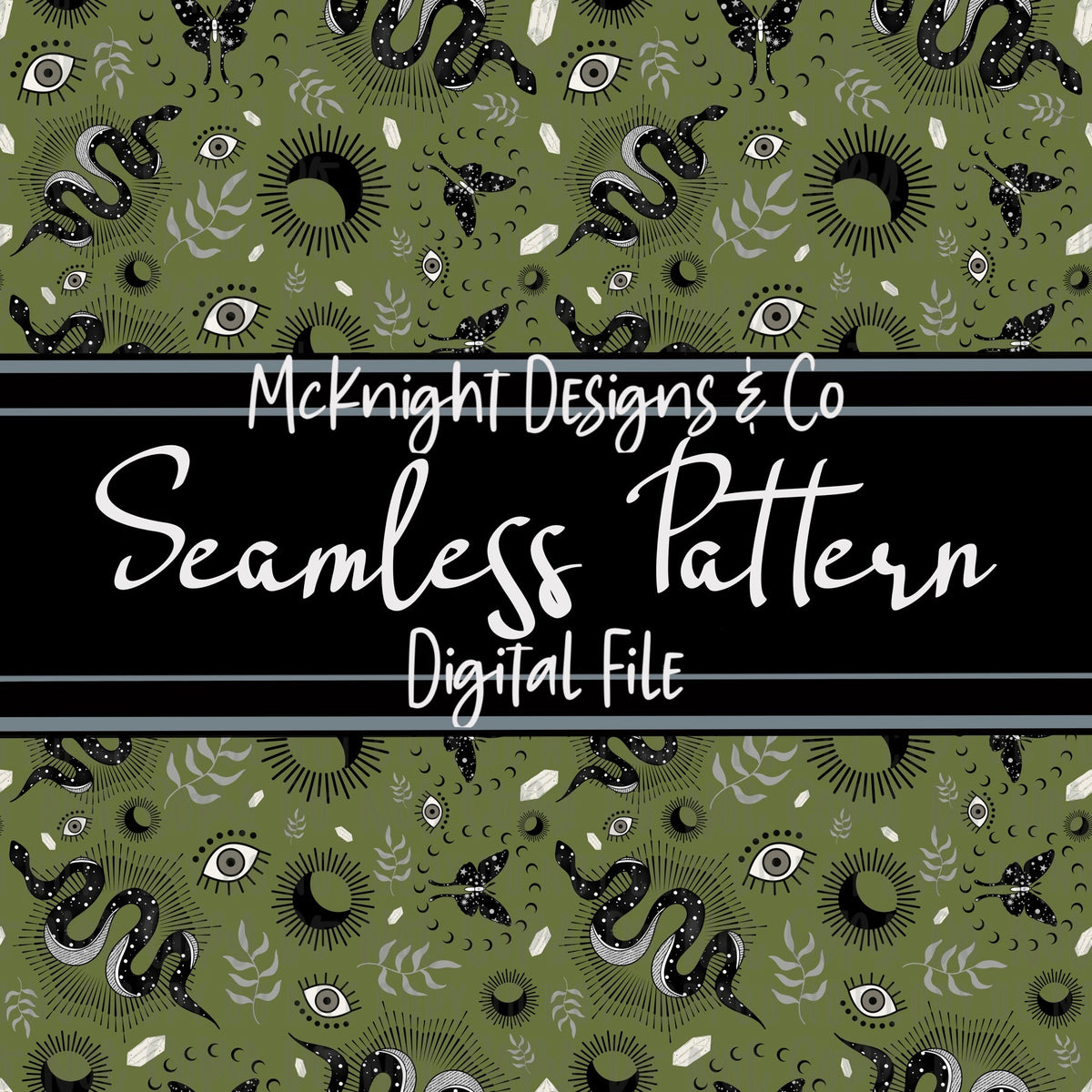 Seamless Pattern Digital Design - Moon, Snake & Moth - McKnight Designs & Co