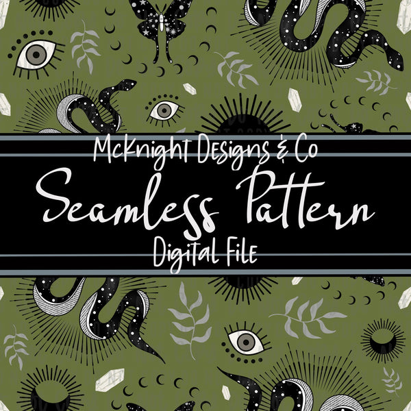 Seamless Pattern Digital Design - Moon, Snake & Moth - McKnight Designs & Co