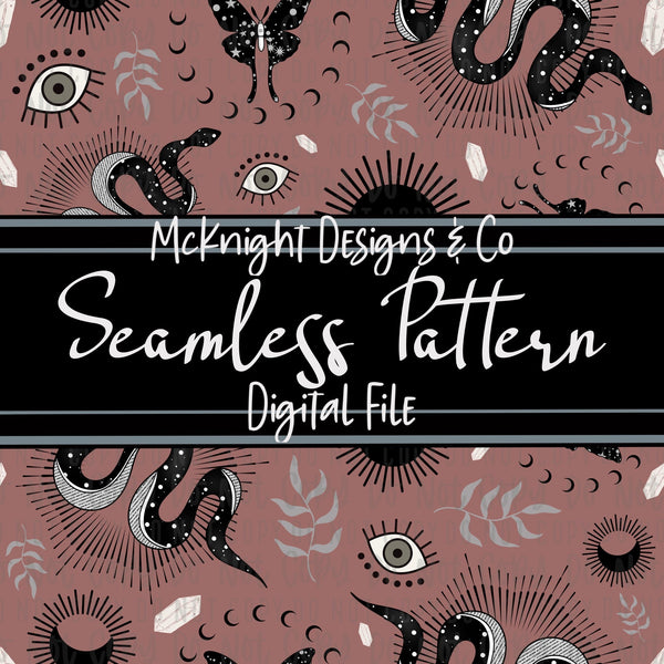 Seamless Pattern Digital Design - Moon, Snake & Moth - McKnight Designs & Co