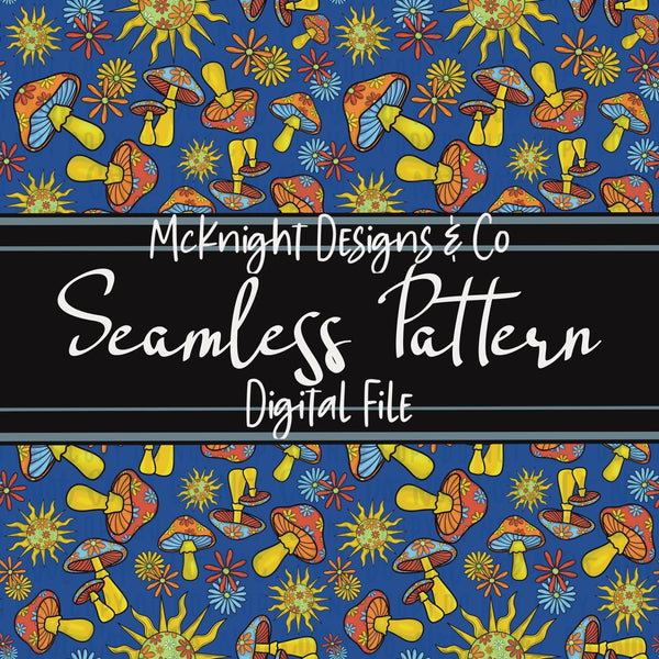 Seamless Pattern Digital Design - Mushrooms, Sun & Flowers - Hippie Mama - McKnight Designs & Co