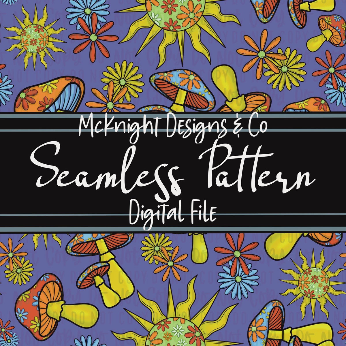 Seamless Pattern Digital Design - Mushrooms, Sun & Flowers - Hippie Mama - McKnight Designs & Co