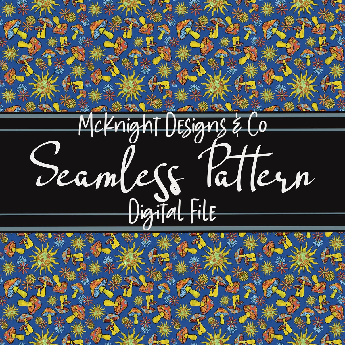 Seamless Pattern Digital Design - Mushrooms, Sun & Flowers - Hippie Mama - McKnight Designs & Co