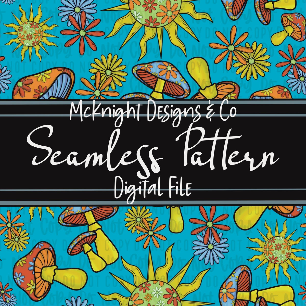 Seamless Pattern Digital Design - Mushrooms, Sun & Flowers - Hippie Mama - McKnight Designs & Co