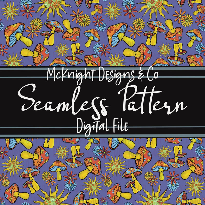 Seamless Pattern Digital Design - Mushrooms, Sun & Flowers - Hippie Mama - McKnight Designs & Co