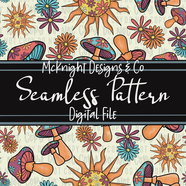 Seamless Pattern Digital Design - Mushrooms, Sun & Flowers - Stay Trippy, Little Hippie v1 - McKnight Designs & Co