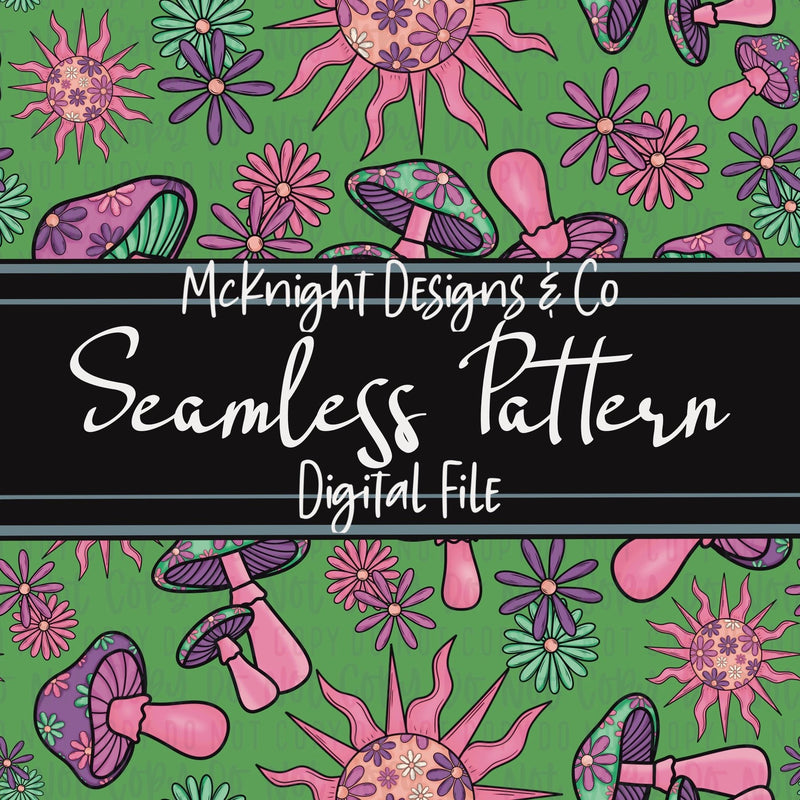 Seamless Pattern Digital Design - Mushrooms, Sun & Flowers - Stay Trippy, Little Hippie v5 - McKnight Designs & Co