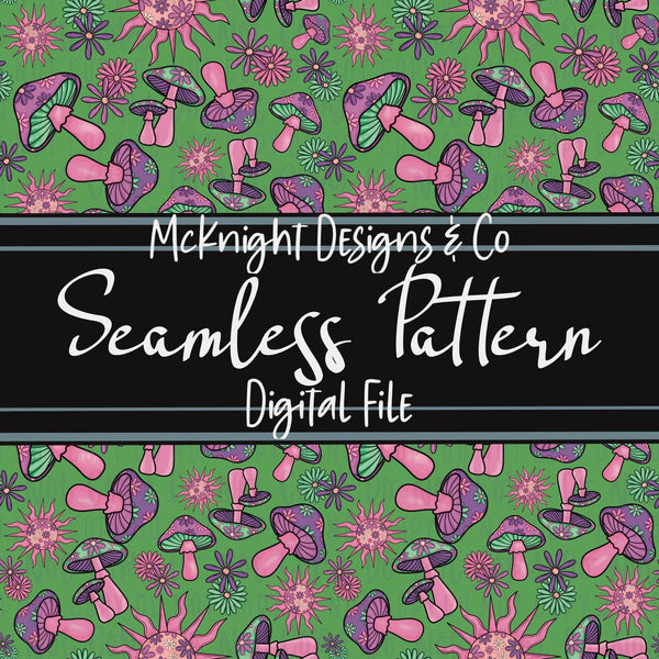 Seamless Pattern Digital Design - Mushrooms, Sun & Flowers - Stay Trippy, Little Hippie v5 - McKnight Designs & Co