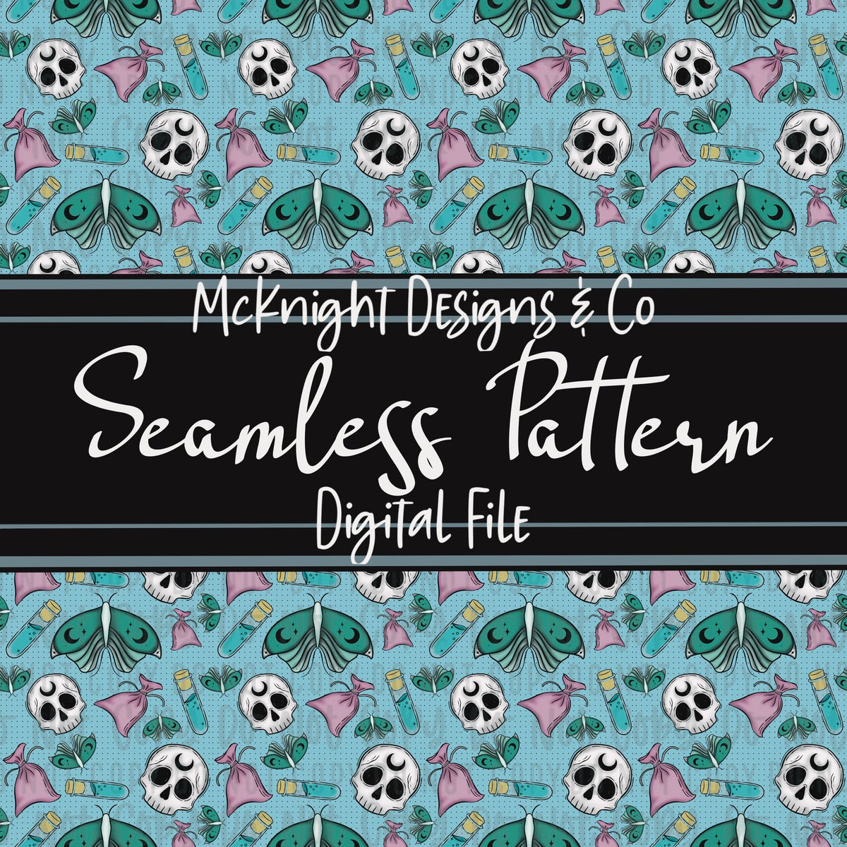 Seamless Pattern Digital Design - Skull, Sachet & Potion - McKnight Designs & Co