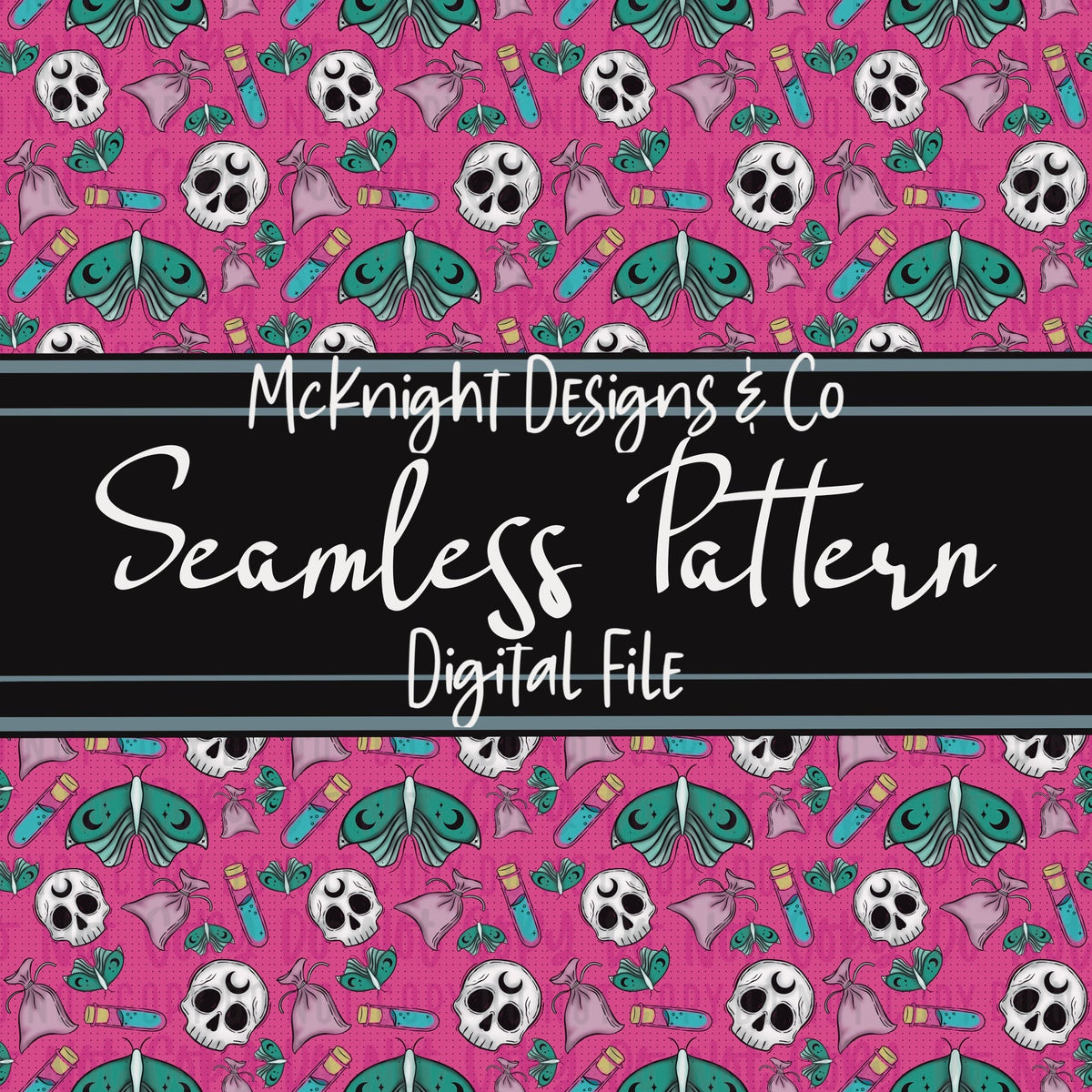 Seamless Pattern Digital Design - Skull, Sachet & Potion - McKnight Designs & Co