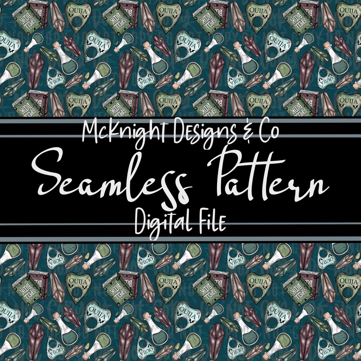 Seamless Pattern Digital Design - Spell books & Crystals - McKnight Designs & Co