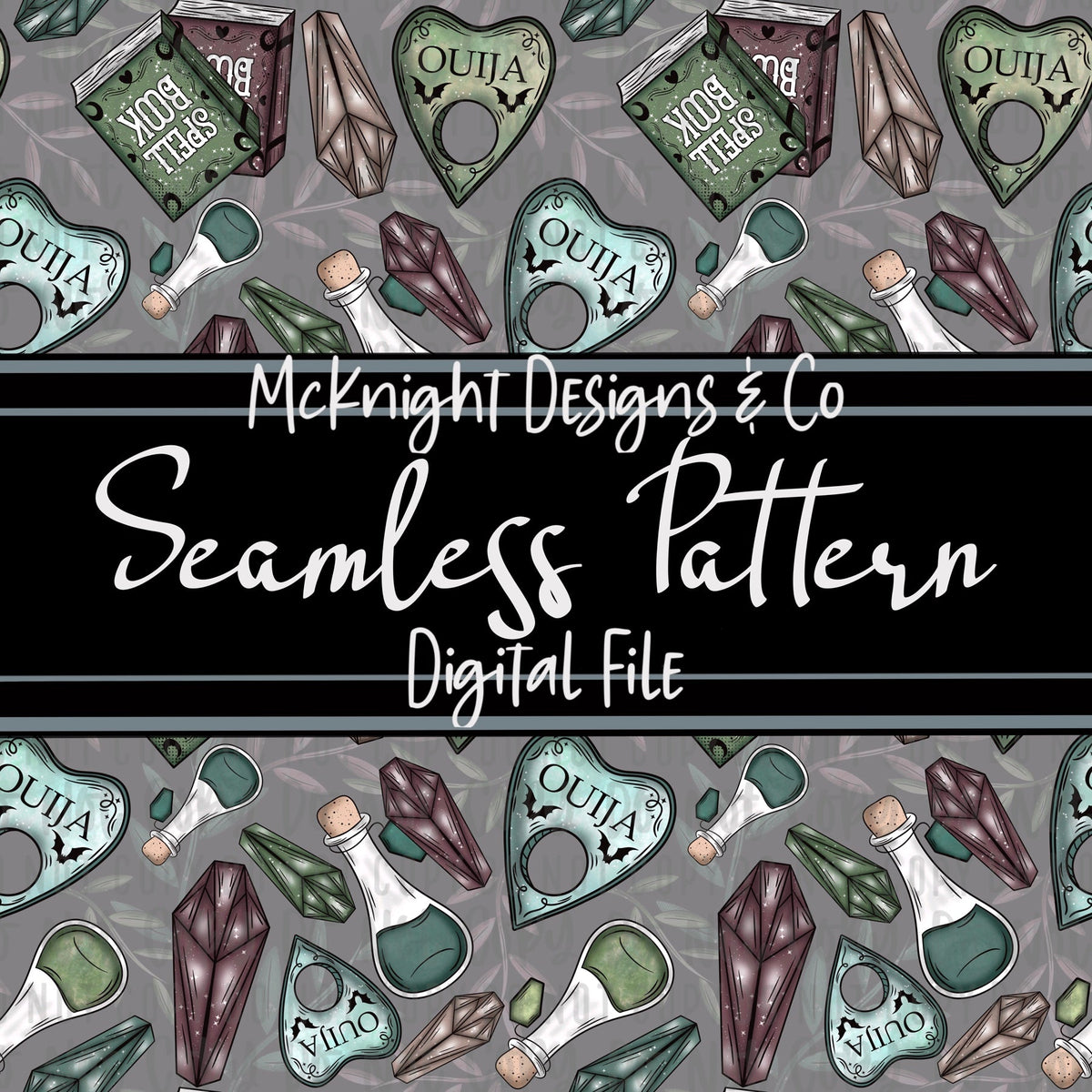 Seamless Pattern Digital Design - Spell books & Crystals - McKnight Designs & Co