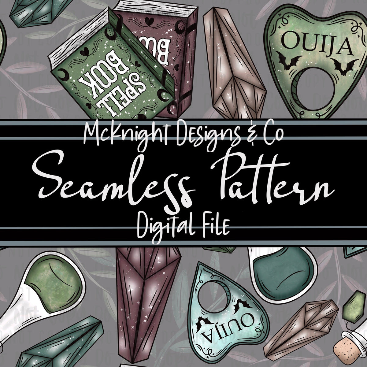 Seamless Pattern Digital Design - Spell books & Crystals - McKnight Designs & Co