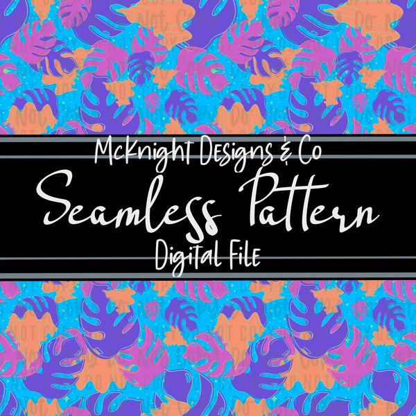 Seamless Pattern Digital Design - Spooky - Plants - Ghosties & Monstera Leaves - Neon - Blue - McKnight Designs & Co