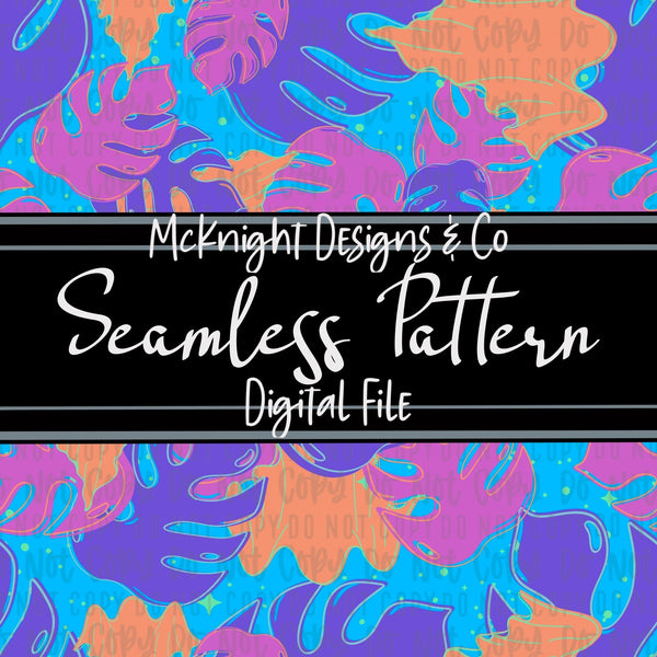 Seamless Pattern Digital Design - Spooky - Plants - Ghosties & Monstera Leaves - Neon - Blue - McKnight Designs & Co