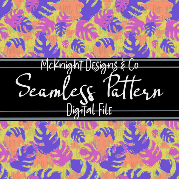 Seamless Pattern Digital Design - Spooky - Plants - Ghosties & Monstera Leaves - Yellow - McKnight Designs & Co